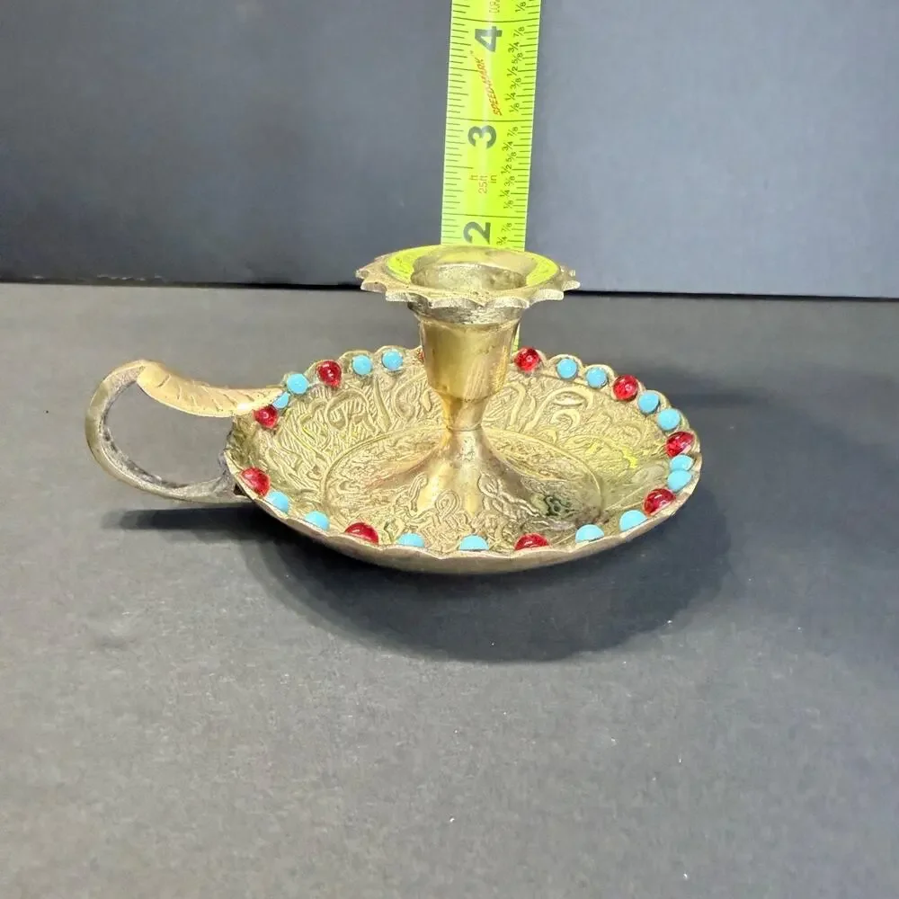 Vintage Damascus Brass Chamberstick Candle Holder Jeweled Turquoise Red Bead 4.5